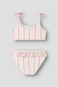 Biquíni de menina com laço e folho às riscas