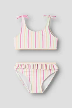 Biquíni de menina com laço e folho às riscas