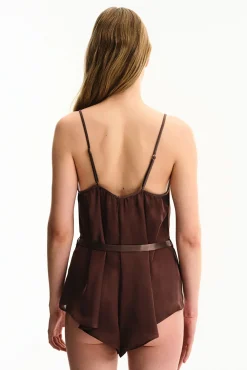 Body de cetim e chiffon marrom