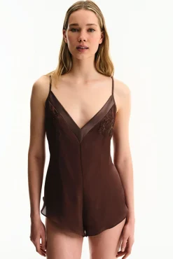 Body de cetim e chiffon marrom