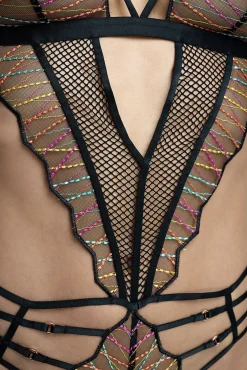 Body de tiras e riscas multicolor decote em V