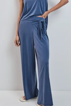 Calça comprida palazzo soft touch azul