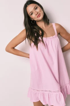 Camisa de dormir curta em algodão com renda rosa