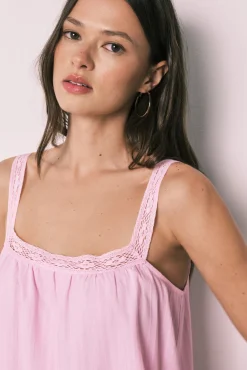 Camisa de dormir curta em algodão com renda rosa