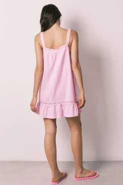 Camisa de dormir curta em algodão com renda rosa