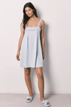 Camisa de dormir curta em algodão com renda azul