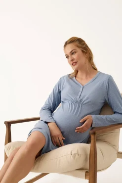 Camisa de dormir de manga comprida maternity com bolinhas