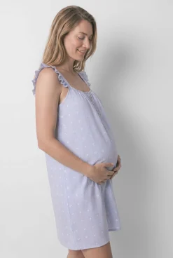 Camisa de dormir maternity de alças com folho em algodão azul
