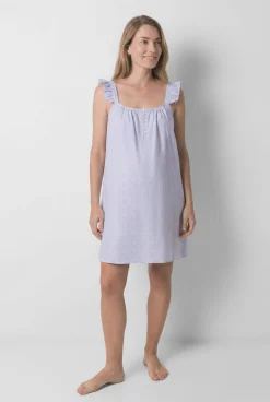 Camisa de dormir maternity de alças com folho em algodão azul