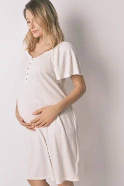 Camisa de dormir "maternity" em pointelle com folho branco