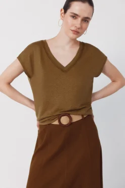 Camiseta de linho com decote em linho e lurex