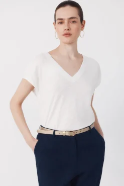 Camiseta de linho com decote em linho e lurex