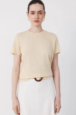 Camiseta de linho com decote em lurex