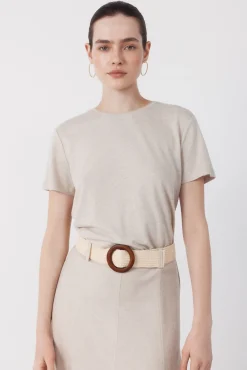 Camiseta de linho com decote em lurex