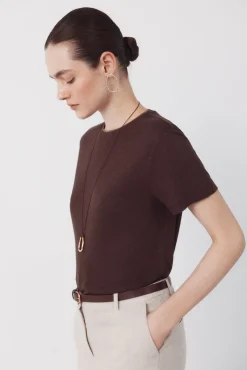 Camiseta de linho com decote em lurex