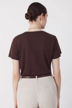 Camiseta de linho com decote em lurex