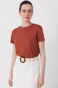 Camiseta de linho com decote em lurex