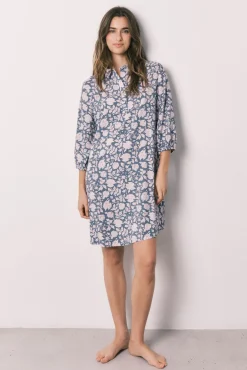 Camisola comprida viscose estampado de flores rosa