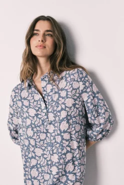 Camisola comprida viscose estampado de flores rosa