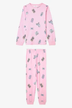 Conjunto de pijama de manga manga de algodão com estampado de brinquedo retrô para meninas