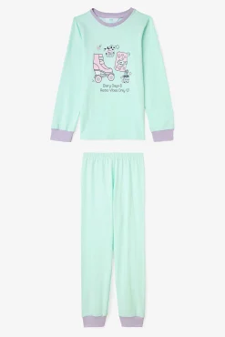 Conjunto de pijama de manga manga de algodão com estampado de brinquedo retrô para meninas