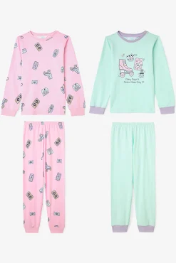 Conjunto de pijama de manga manga de algodão com estampado de brinquedo retrô para meninas