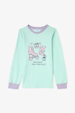 Conjunto de pijama de manga manga de algodão com estampado de brinquedo retrô para meninas
