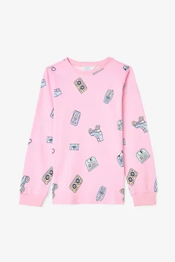 Conjunto de pijama de manga manga de algodão com estampado de brinquedo retrô para meninas