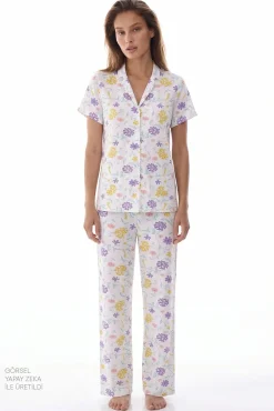 Conjunto pijama camiseiro comprido de flores
