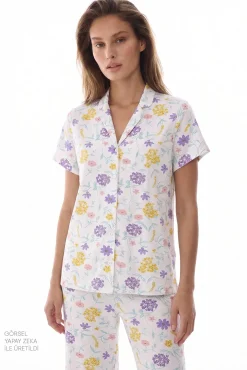Conjunto pijama camiseiro comprido de flores