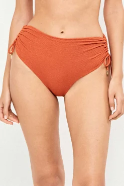 Cueca de biquíni cintura alta em tecido piqué lurex dourado