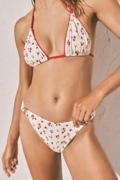 Cueca de biquíni efeito U mini flores vermelhas