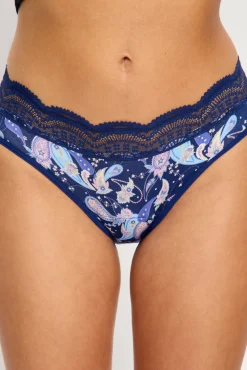 Cueca menstrual de renda cintura alta em bambu fluxo abundante azul-marinho