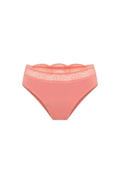 Cueca menstrual de renda cintura alta em bambu fluxo moderado coral