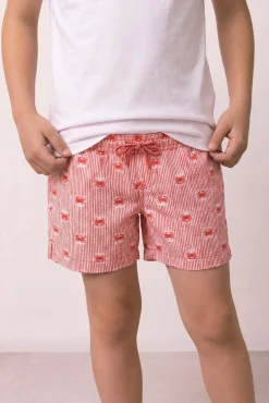 Fato de banho de criança estampado às riscas e caranguejos