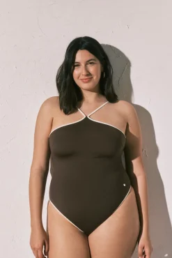 Fato de banho modelador halter castanho
