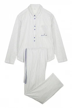 Pijama camiseiro comprido em 100% algodão às riscas branco