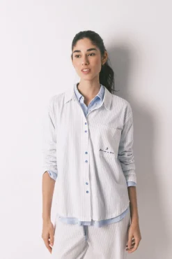 Pijama camiseiro comprido em 100% algodão às riscas branco