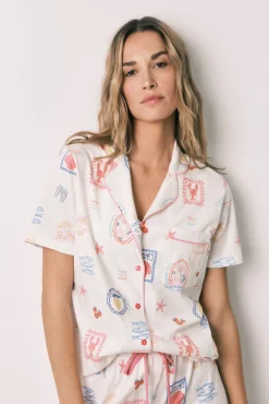 Pijama camiseiro comprido estampado multicolor