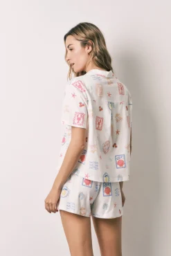 Pijama camiseiro curto estampado multicolor branco