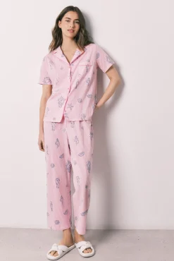 Pijama camiseiro em algodão às riscas rosa