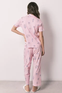 Pijama camiseiro em algodão às riscas rosa