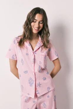 Pijama camiseiro em algodão às riscas rosa