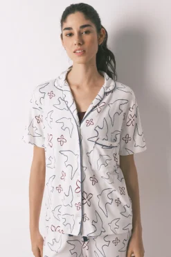 Pijama camiseiro estampado de pássaros em algodão branco