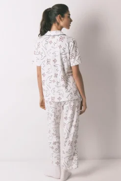 Pijama camiseiro estampado de pássaros em algodão branco