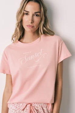 Pijama capri em algodão rosa miniflor