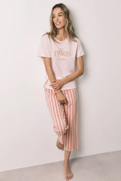 Pijama capri em algodão rosa ondas