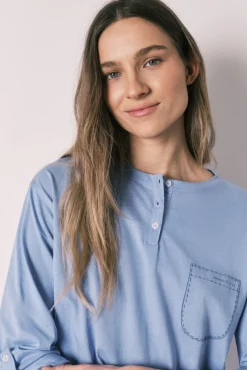 Pijama comprido com calças às riscas em algodão azul