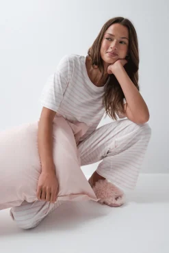 Pijama comprido de manga curta em algodão às riscas