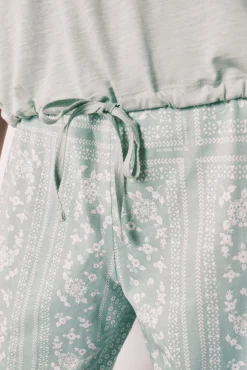 Pijama comprido de manga curta em algodão estampado bandana verde